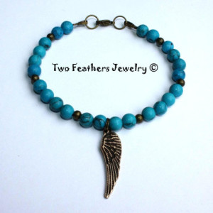 Angel Wing Bracelet - Turquoise Bracelet - Antiqued Brass Bracelet - Beaded Bracelet - Turquoise And Brass - Charm Bracelet - Valentines Day