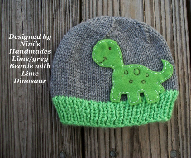 Lime and Grey Hat with Dinosaur, Made in the USA,  Baby and toddler Beanie, grey and lime hat, dinosaur hat, boys hat, childrens accessories