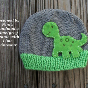 Lime and Grey Hat with Dinosaur, Made in the USA,  Baby and toddler Beanie, grey and lime hat, dinosaur hat, boys hat, childrens accessories