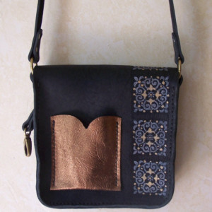Fancy Black and Bronze Leather  Handbag / Purse Very Dressy. long adjustable strap