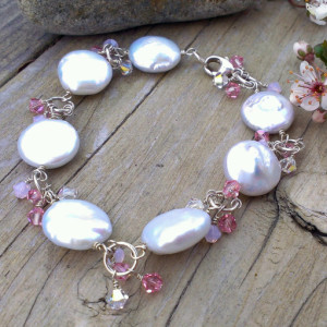 White Coin Pearl & Shades of Pink Swarovski Charm Bracelet
