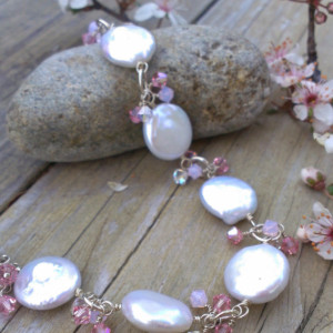 White Coin Pearl & Shades of Pink Swarovski Charm Bracelet