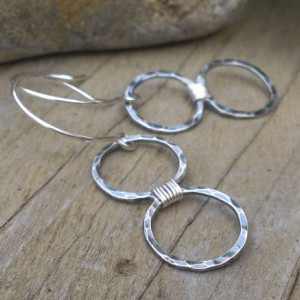 Loop-de-Loop Wrapped Circle Duo - Hammered Sterling Earrings with Sterling Wire Wrap