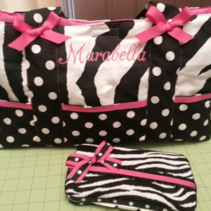 Custom Diaper bag-Zebra, polka dot  fabric**6 pocket bag** with name embroidered and wipe pouch set-washable