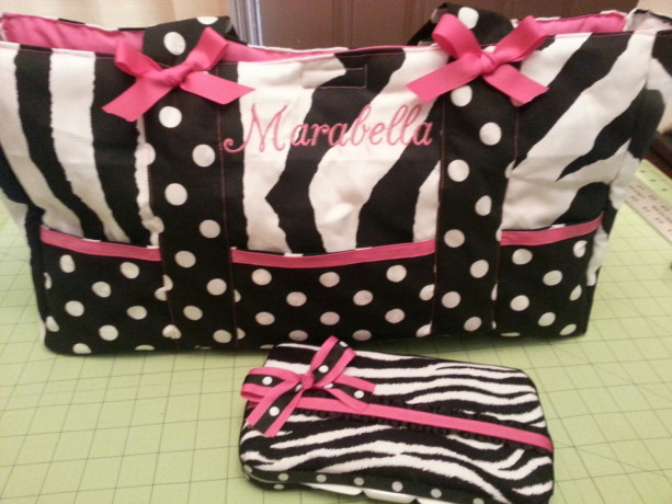 Custom Diaper bag-Zebra, polka dot  fabric**6 pocket bag** with name embroidered and wipe pouch set-washable