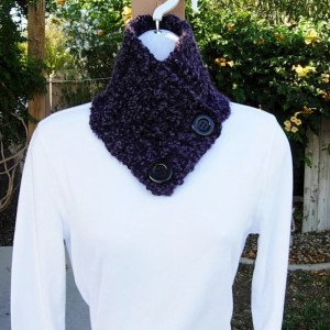 NECK WARMER SCARF Buttoned Cowl Dark Purple Black Soft Handmade Crochet Knit Winter Scarflette with Black Buttons..Ready to Ship in 3 Days