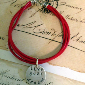 Custom leather bracelet with hand stamped 3/4 inch round charm pick your color and wording