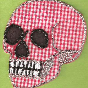 Beaded Skull // Red Gingham // Bead Embroidery // Mixed Media Art // Beaded Painting // Seed Beads // Fabric