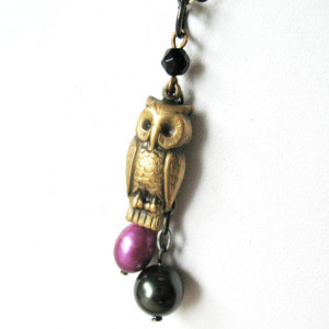Owl Charm Necklace Bird Jewelry Black and Purple Pearl Necklace