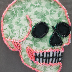 Bead Embroidered Skull // Green and Pink // Flower Flower // Seed Bead // Mixed Media Art // Beaded Painting