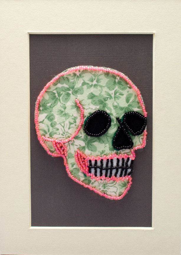 Bead Embroidered Skull // Green and Pink // Flower Flower // Seed Bead // Mixed Media Art // Beaded Painting