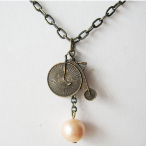 Penny Farthing Necklace Bicycle Charm Pearl Necklace Vintage Inspired Jewelry