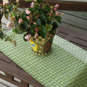 Woven Table Runner - Spring green, Cornflower blue / Handwoven / Cotton & linen