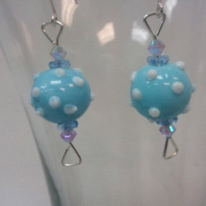 Summer Retro modern pale blue lampworked glass bead earrings on custom sterling silver ear wires, gift for artist or teacher, polka dots
