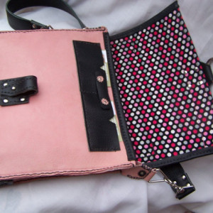 Pink and Black Leather Messenger Bag , Briefcase, Computer bag purse.Polka Dots. Very Mod!