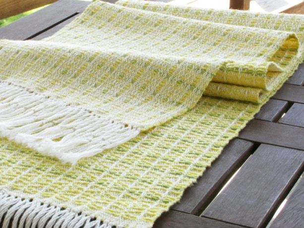 Dining Table Runner - Sunny yellow, Spring green / Handwoven / Cotton & linen