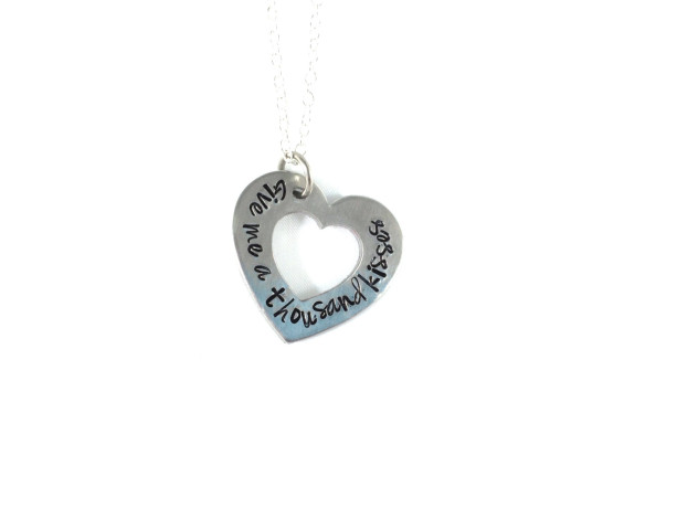Hand Stamped Heart Washer Necklace "Give me a thousand kisses"