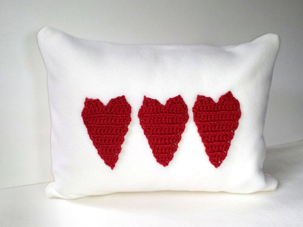 Fleece applique pillow with three red crochet hearts, applique pillow, soft blizzard fleece pillow, nursery pillow with hearts - love pillow