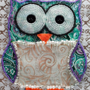 Bead Embroidered Owl // Green and Pink // Paisley // Mixed Media 