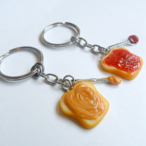 Peanut Butter and Jelly Keychain Set, Strawberry Jelly, With Knife & Spoon, Best Friend's Keychains, Cute :D