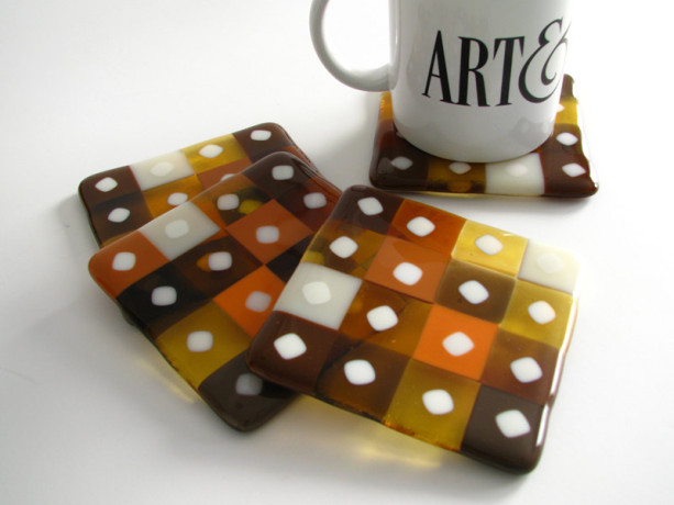 Squares Fused Glass Coasters in Warm Amber 0049