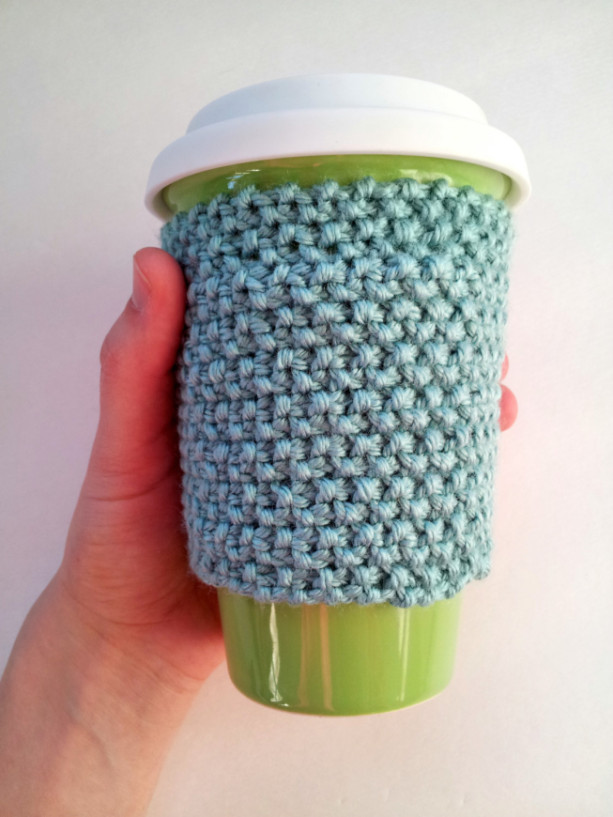 Knit travel mug cozy, non slip cozy, coffee mug cozy, coffee cup cozy, knit cozy, seafoam green, sea foam green, coffee mug sleeve