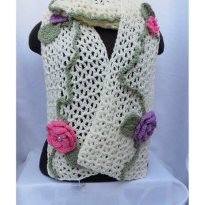 Soft Cream Scarf with Purple and Pink Flowers and Soft Green Leaves