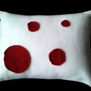 Crochet applique pillow, applique pillow fleece pillow with crochet circles, soft fleece pillow, nursery pillow, white and red pillow