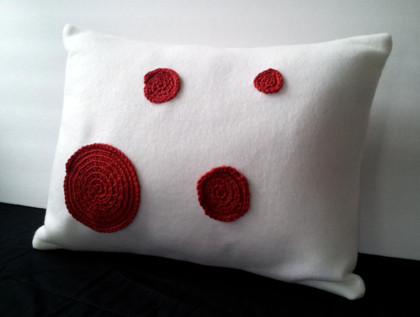 Crochet applique pillow, applique pillow fleece pillow with crochet circles, soft fleece pillow, nursery pillow, white and red pillow
