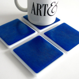 Blue Iridized Fused Glass Coasters , Home Decor Housewares