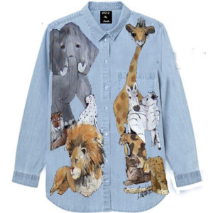 Safari Animals Hand Painted  Shirt Chambray, Cream S- XXL