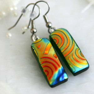 Satin Rainbow Swirls Earrings Dichroic Fused Glass Necklace Jewelry 0101