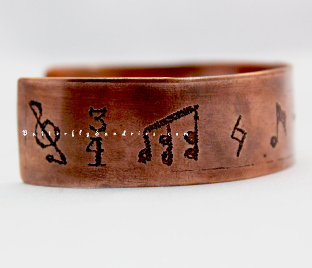 OOAK Musical Notation Etched Copper Adjustable Cuff Bracelet