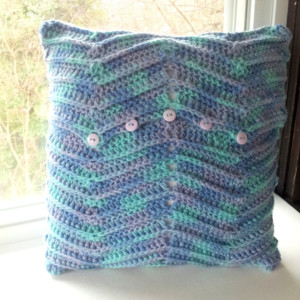 Crochet pillow, 14x14 square pillow, home accent pillow, multi-color yarn, removable pillow cover, blue, lavender, light green