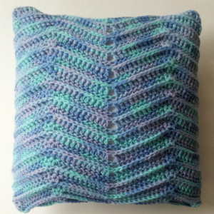 Crochet pillow, 14x14 square pillow, home accent pillow, multi-color yarn, removable pillow cover, blue, lavender, light green