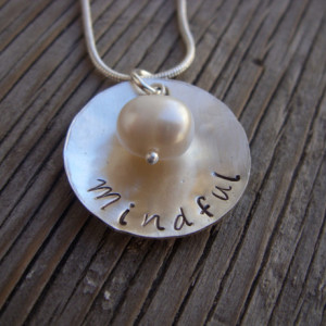 Sterling silver charm pendant- hand stamped with word/name of choice- custom charm necklace with freshwater pearl