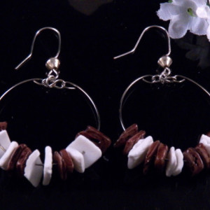 Brown White Heishi Shell Hoop Earrings Dangling Handmade Costume Jewelry Made in Montana Free Shipping to USA Gift Box