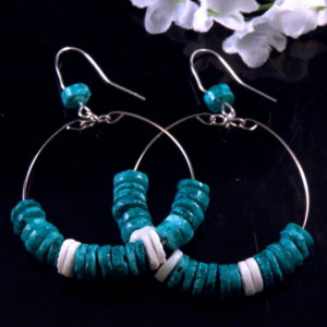 Blue Heishi Shell Hoop Earrings Dangling Handmade Costume Jewelry Made in Montana Free Shipping to USA Gift Box