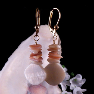 White Mother of Pearl Shell Stone Beads Earrings Dangling Handmade Costume Jewelry Made in Montana Free Shipping to USA Gift Box