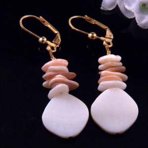 White Mother of Pearl Shell Stone Beads Earrings Dangling Handmade Costume Jewelry Made in Montana Free Shipping to USA Gift Box