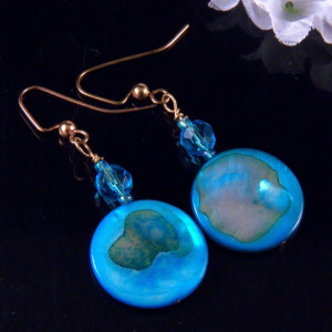 Blue Mother of Pearl Shell Earrings Glass Beads  Dangling Handmade Costume Jewelry Made in Montana Free Shipping to USA Gift Box