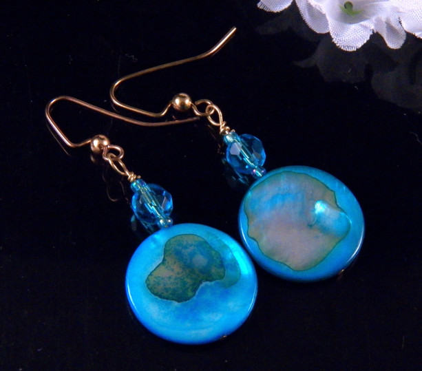 Blue Mother of Pearl Shell Earrings Glass Beads  Dangling Handmade Costume Jewelry Made in Montana Free Shipping to USA Gift Box