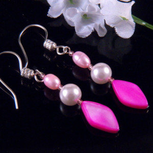 Pink Mother of Pearl Shell Glass Bead Earrings  Dangling Handmade Costume Jewelry Made in Montana Free Shipping to USA Gift Box