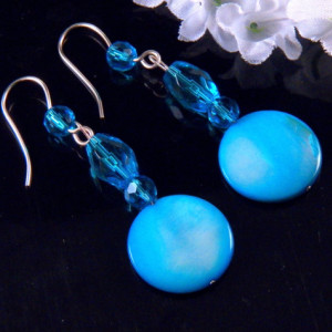 Blue Mother of Pearl Shell Glass Bead Earrings Dangling Handmade Costume Jewelry Made in Montana Free Shipping to USA Gift Box