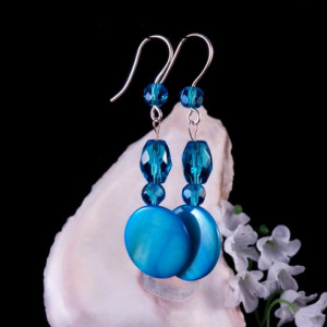 Blue Mother of Pearl Shell Glass Bead Earrings Dangling Handmade Costume Jewelry Made in Montana Free Shipping to USA Gift Box