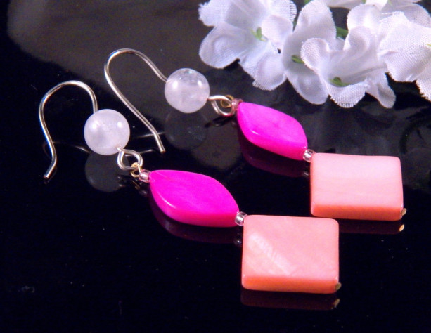 Pink Mother of Pearl Shell Glass Bead Earrings Dangling Handmade Costume Jewelry Made in Montana Free Shipping to USA Gift Box