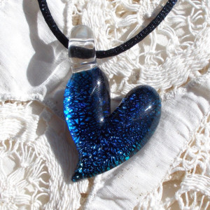 Blue Dichroic Glass Heart Pendant, Necklace, or Focal Bead