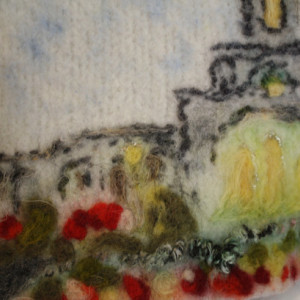 Wall hanging:  LDS Temple in Wool, knitted, fulled, dyed, needle-felted