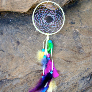 Small Dream Catcher Handmade, Bright Multicolored Dreamcatcher Feathered, 6 inch, Native American Indian Home Decor, Sun catcher