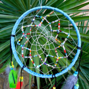 Beaded Dream Catcher,  Large 9 inch, Bright Feathered, Multicolored, Home Decor Inside or Outside, Southwestern